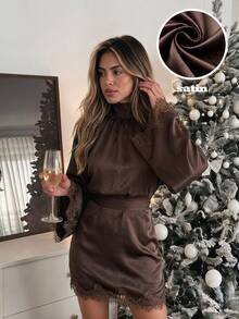 Serisse Women's Solid Color Stand Collar Lace Cuff Patchwork Fashion Short Dress - Brown - View 1