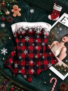 SHEIN Franclia 女款聖誕紅黑水牛格紋雪花圖案無肩帶抹胸上衣，不對稱下擺修身短版抹胸上衣，節慶聖誕風 - 紅色 - 查看 1