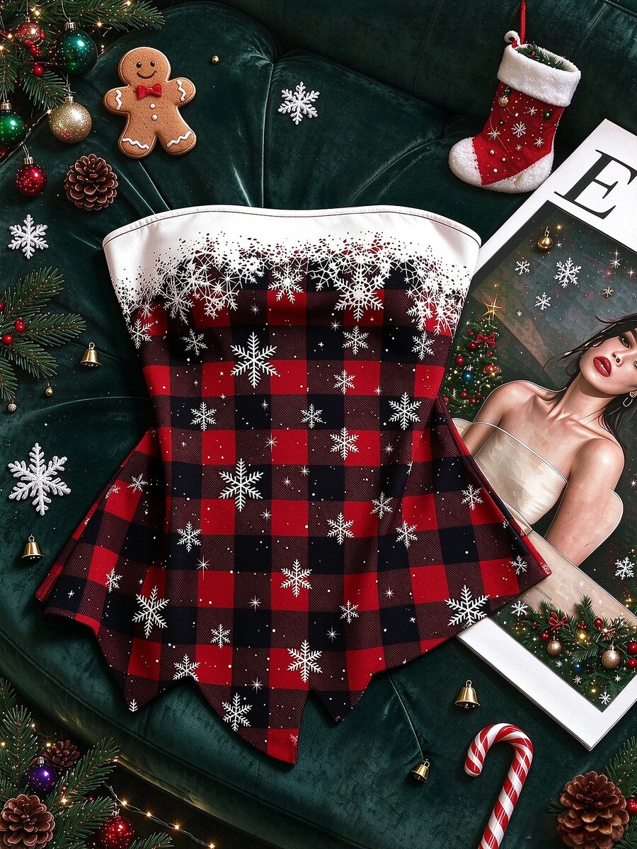 SHEIN Franclia 女款聖誕紅黑水牛格紋雪花圖案無肩帶抹胸上衣,不對稱下擺修身短版抹胸上衣,節慶聖誕風 - 紅色 - 查看 1