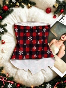 SHEIN Franclia 女款聖誕紅黑水牛格紋雪花圖案無肩帶抹胸上衣，不對稱下擺修身短版抹胸上衣，節慶聖誕風 - 紅色 - 查看 2