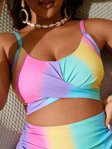 Slaydiva Plus Size Women Gradient Print Criss-Cross Casual Swimwear Top For Summer Beach Vacation,Only Top. - Multicolor - View 4