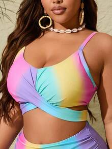 Slaydiva Plus Size Women Gradient Print Criss-Cross Casual Swimwear Top For Summer Beach Vacation,Only Top. - Multicolor - View 5