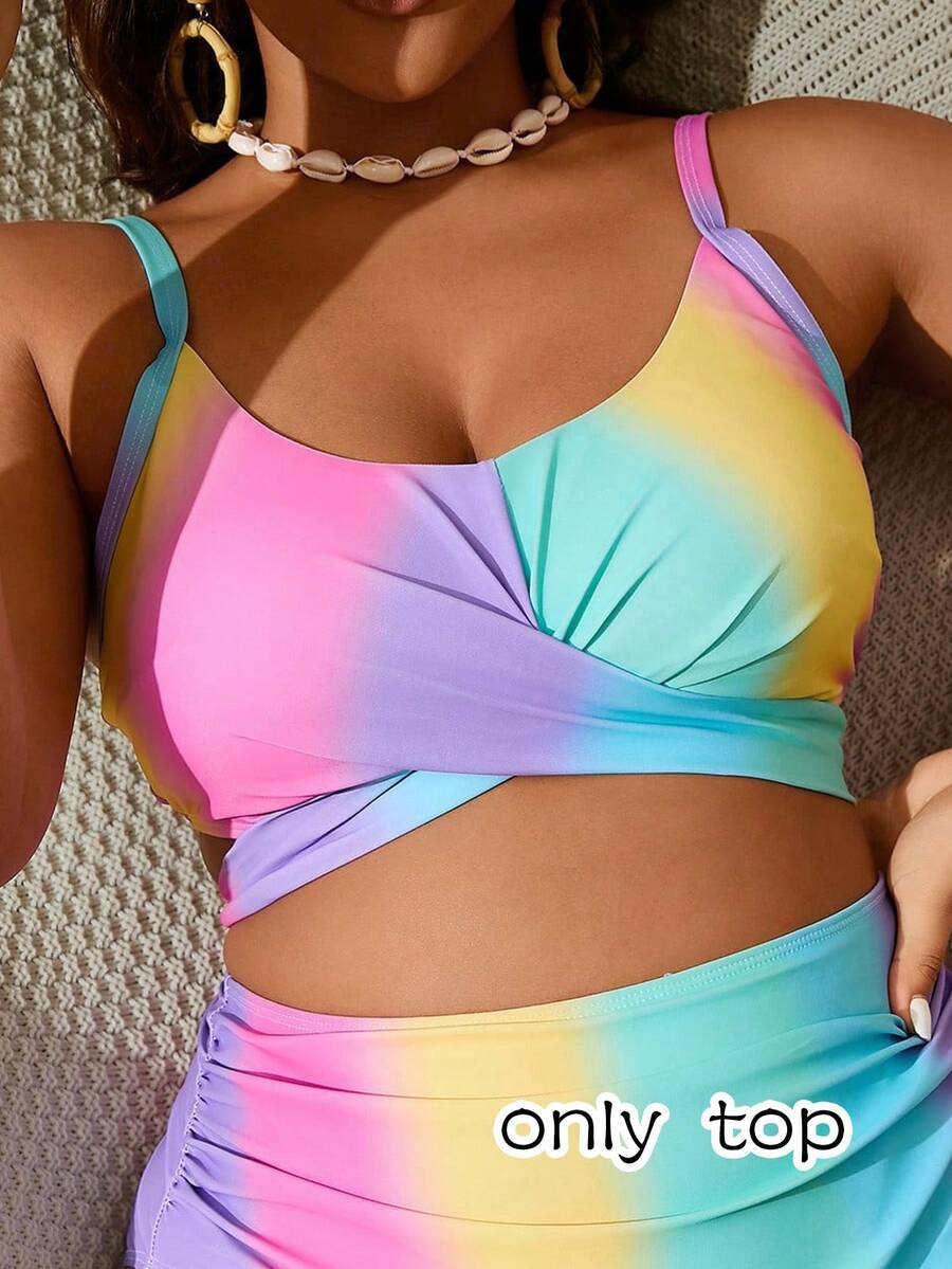 Slaydiva Plus Size Women Gradient Print Criss-Cross Casual Swimwear Top For Summer Beach Vacation,Only Top. - Multicolor - View 1