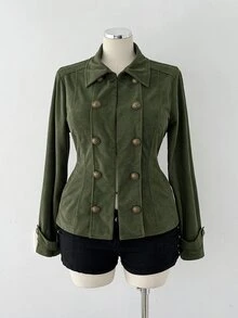 Sunspun Plus Size Autumn Long Sleeve Army Green Corduroy Vintage Slim Fit Jacket - Army Green - View 6