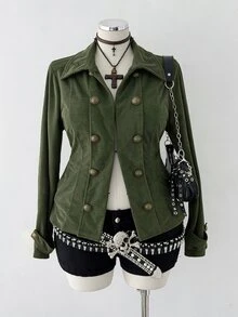 Sunspun Plus Size Autumn Long Sleeve Army Green Corduroy Vintage Slim Fit Jacket - Army Green - View 5