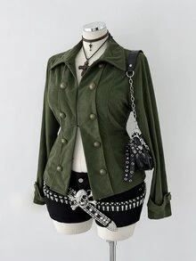 Sunspun Plus Size Autumn Long Sleeve Army Green Corduroy Vintage Slim Fit Jacket - Army Green - View 7