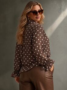 Ceyna Plus Brown Print Flounce Sleeve Shirt Office Business Fall Casual 80s - Brown - View 2