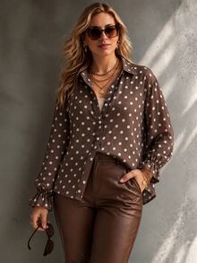 Ceyna Plus Brown Print Flounce Sleeve Shirt Office Business Fall Casual 80s - Brown - View 7