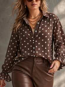 Ceyna Plus Brown Print Flounce Sleeve Shirt Office Business Fall Casual 80s - Brown - View 5