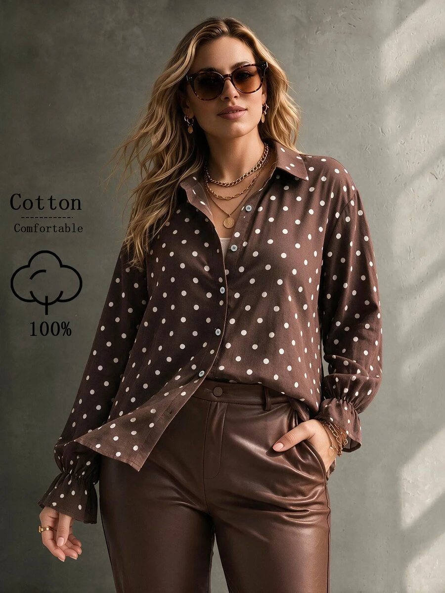 Ceyna Plus Brown Print Flounce Sleeve Shirt Office Business Fall Casual 80s - Brown - View 1