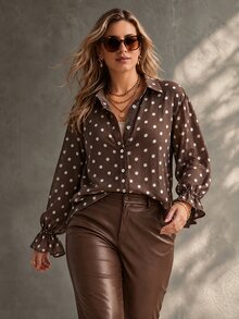Ceyna Plus Brown Print Flounce Sleeve Shirt Office Business Fall Casual 80s - Brown - View 4