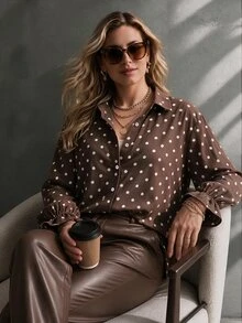 Ceyna Plus Brown Print Flounce Sleeve Shirt Office Business Fall Casual 80s - Brown - View 3