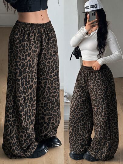 Coolane Celana Panjang Wanita Pria Ukuran Besar Musim Gugur Musim Dingin Kasual Olahraga Gaya Y2K Streetwear Pinggang Elastis Potongan Lurus Motif Leopard Cokelat Longgar Liburan Halloween