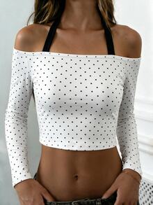 Dewbera Dewbera Women's Yoga Fitness Sports Off-Shoulder Polka Dot Long Sleeve - White - View 3