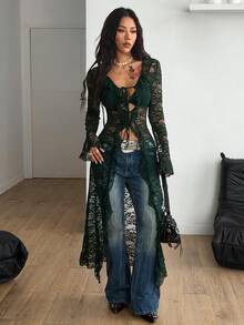 Coolane Áo khoác dài màu xanh nữ size lớn phong cách Y2K Gyaru, ren bèo nơ, thanh lịch gợi cảm, đi tiệc tối, đi chơi, đi club, du lịch, mùa thu đông, Noel - Màu xanh lá cây đậm - Xem 7