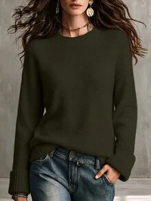 SHEIN 女款深綠色圓領捲袖羊毛混紡套頭毛衣，適合秋冬休閒購物、假日派對、約會 - 墨綠色 - 查看 3