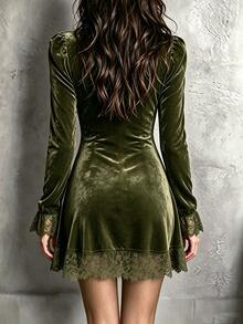 SHEIN Women's Lace Patchwork Elegant Waist-Cinched Party Dress - Army Green - View 2
