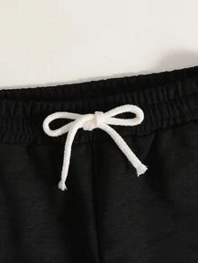 SHEIN Tween Girl Casual Cinched Waist Black Printed Sweatpants - Black - View 3