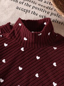 SHEIN 2Pcs Toddler Girl Knit Sweater Flare Pants Sweet Burgundy Heart Ribbed Asymmetric Long Sleeve Turtleneck Regular Holiday Fall Suits - Red and White - View 6