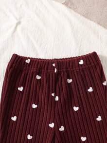 SHEIN 2Pcs Toddler Girl Knit Sweater Flare Pants Sweet Burgundy Heart Ribbed Asymmetric Long Sleeve Turtleneck Regular Holiday Fall Suits - Red and White - View 7