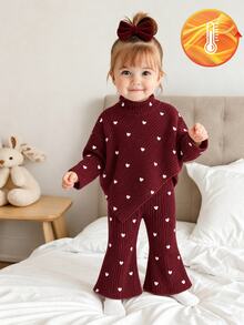 SHEIN 2Pcs Toddler Girl Knit Sweater Flare Pants Sweet Burgundy Heart Ribbed Asymmetric Long Sleeve Turtleneck Regular Holiday Fall Suits - Red and White - View 2