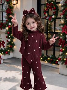 SHEIN 2Pcs Toddler Girl Knit Sweater Flare Pants Sweet Burgundy Heart Ribbed Asymmetric Long Sleeve Turtleneck Regular Holiday Fall Suits - Red and White - View 1