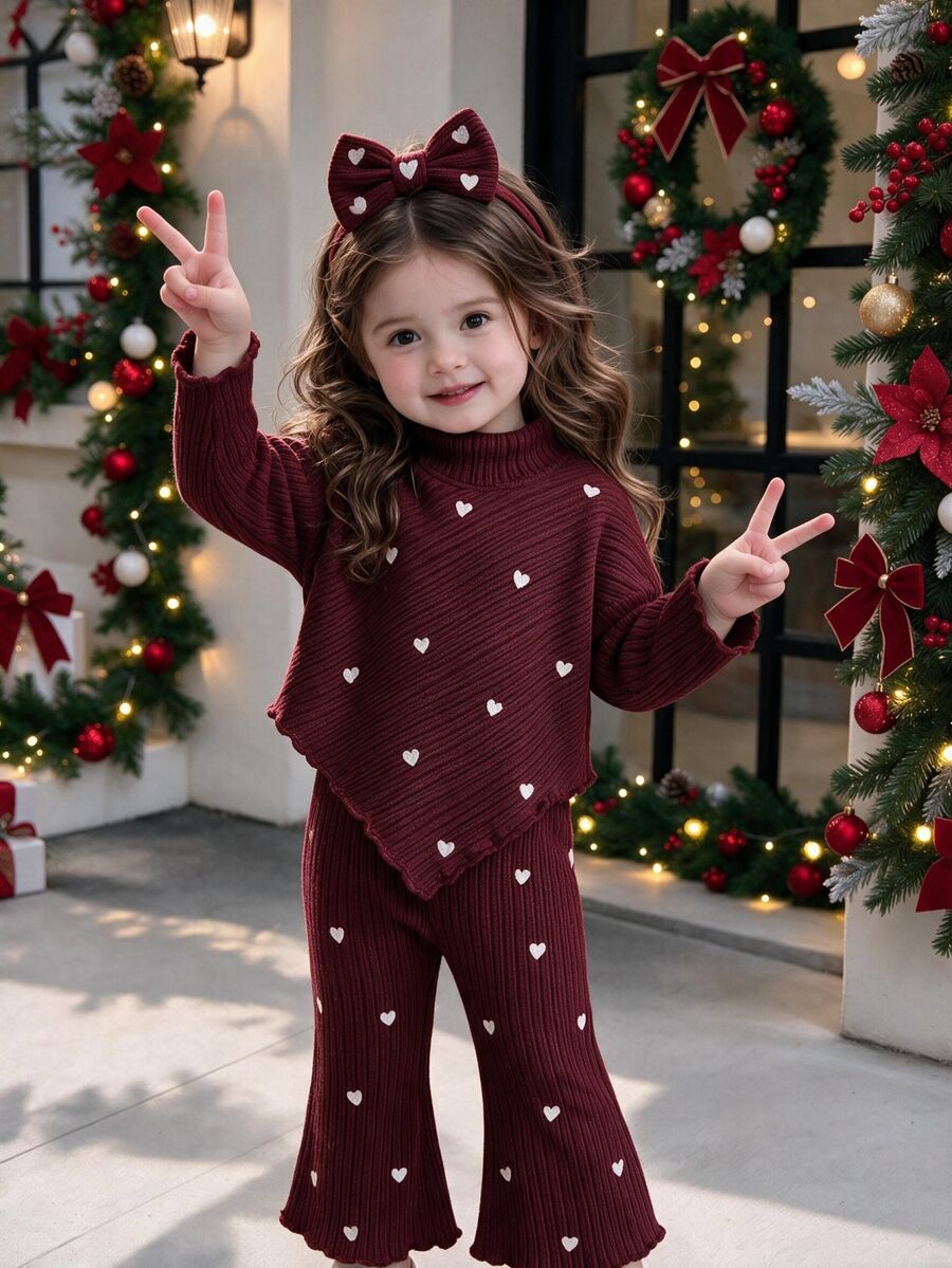 SHEIN 2Pcs Toddler Girl Knit Sweater Flare Pants Sweet Burgundy Heart Ribbed Asymmetric Long Sleeve Turtleneck Regular Holiday Fall Suits - Red and White - View 1