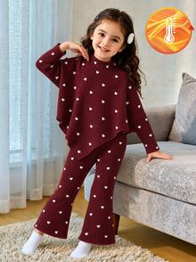 SHEIN 2Pcs Toddler Girl Knit Sweater Flare Pants Sweet Burgundy Heart Ribbed Asymmetric Long Sleeve Turtleneck Regular Holiday Fall Suits - Red and White - View 4