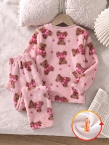 Young Girls Fashionable Minimalist Pink Puppy Print Long Sleeve Long Pants Double-Sided Flannel Pajama Set - Pink - View 2