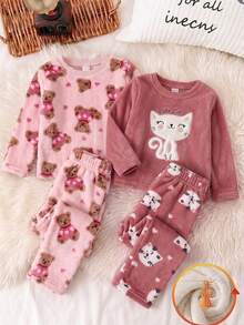 Young Girls Fashionable Minimalist Pink Puppy Print Long Sleeve Long Pants Double-Sided Flannel Pajama Set - Pink - View 5