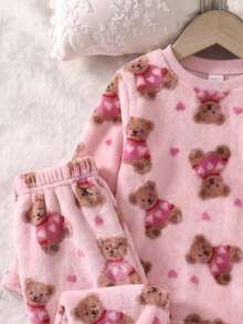 Young Girls Fashionable Minimalist Pink Puppy Print Long Sleeve Long Pants Double-Sided Flannel Pajama Set - Pink - View 4