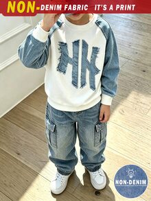 2件組小男孩極簡圓領衛衣工裝褲套裝，英文字母滿版印花設計，花童裝，適合秋季派對聖誕節 - 彩色 - 查看 4