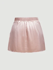 SHEIN MOD Plus Size Women's Pale Rose Satin Skirt, Bow Decor, Elastic Waist, Side Zipper, Suitable For Autumn Date Wear - Pink - View 3