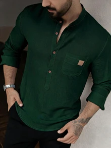 Manfinity Homme Men's Casual Patch-Up Denim Pocket Business Shirt Vacation Dark Green Fall Old Money Christmas Holiday Semi Formal - Dark Green - View 1
