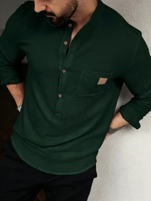Manfinity Homme Men's Casual Patch-Up Denim Pocket Business Shirt Vacation Dark Green Fall Old Money Christmas Holiday Semi Formal - Dark Green - View 4
