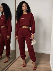 Zolique Paris Minimalist Digital Print Front Casual Comfortable Versatile Women Fleece Sweatshirt And Pants Set Gym Black And White Checkered Winter - Burgundy - View 3