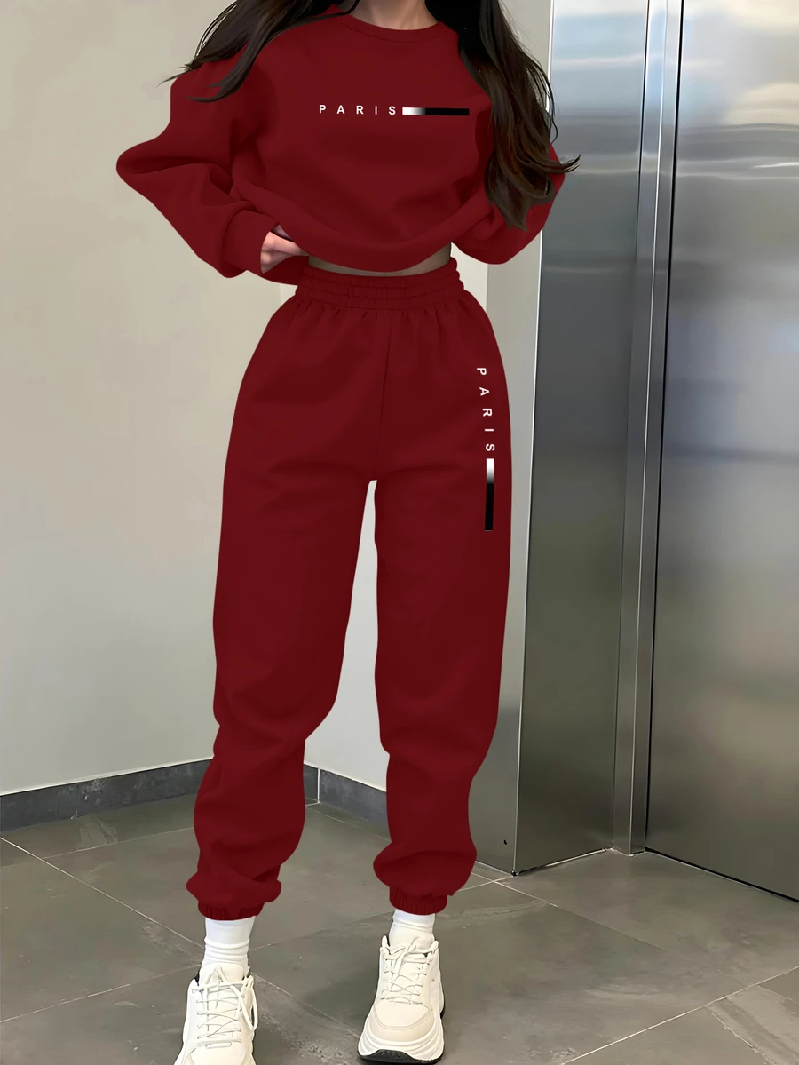 Zolique Paris Minimalist Digital Print Front Casual Comfortable Versatile Women Fleece Sweatshirt And Pants Set Gym Black And White Checkered Winter - Burgundy - View 1