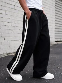 Major Grit Men's Young Street Style Streetwear, Black And White Side Contrast Color Webbing Loose Sweatpants, Best Choice For Fall And Holiday Gifts Vacation - Black - View 4