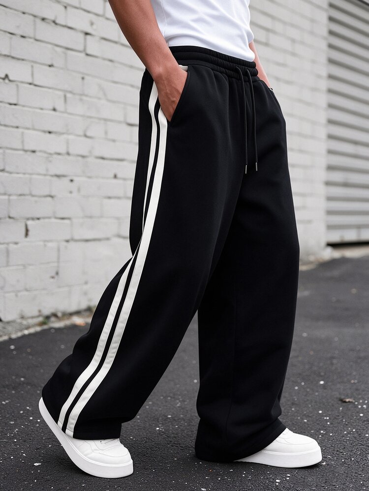 Major Grit Men's Young Street Style, INS Multi-Functional Item: Black Side Contrast Color Webbing Loose Sweatpants, Best Choice For Autumn And Winter Holiday Gifts - Black - View 4