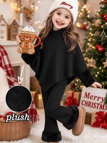 SHEIN طقم بناتي أسود مضلع من قطعتين، توب بياقة عالية وتصميم كاب غير متماثل مع تفاصيل أساور فروية، وبنطال واسع متناسق بحافة مخملية، طقم تريكو لعيد الميلاد والخريف - الأسود - مشاهدة 2