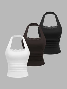 Sweetra New European & American Fashion Lace Patchwork Halter Backless Sexy Hot Girl Commuter Versatile Black White Coffee Tank Top 3-Piece Set - Multicolor - View 3