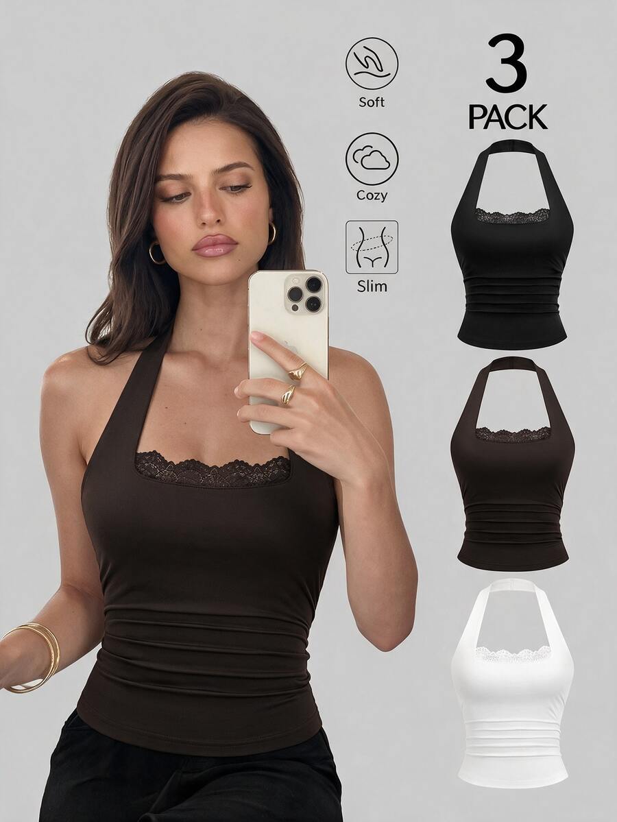 Sweetra New European & American Fashion Lace Patchwork Halter Backless Sexy Hot Girl Commuter Versatile Black White Coffee Tank Top 3-Piece Set - Multicolor - View 1