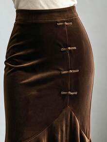 Elenzga Chinese Vintage 1960s Elegant Frog Button High Waist Mermaid Skirt Brown Polka Dot Velvet Contrast Mesh Ruffle Hem Slim Fit Bodycon Midi Skirt - Brown - View 6