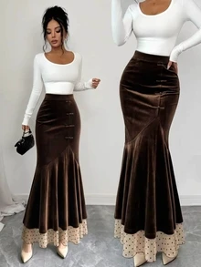 Elenzga Chinese Vintage 1960s Elegant Frog Button High Waist Mermaid Skirt Brown Polka Dot Velvet Contrast Mesh Ruffle Hem Slim Fit Bodycon Midi Skirt - Brown - View 1