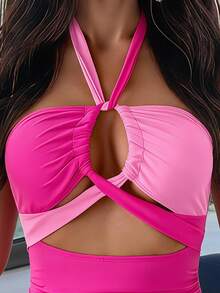 SHEIN Swim Women's Vacation Beach Contrast Splice Hollow Out One-Piece Swimsuit For Summer - Pink - View 4