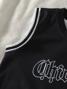 Young Boys Sleeveless Cartoon Letter "Chicago" Print Tank Top And Shorts 2-Piece Set, Sports Outfit For Summer - Black - View 5