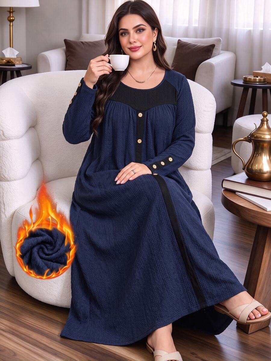 Seusyu Casual Knit Jacquard Colorblock Wooden Button Decor Round Neck Long Sleeve Loose Regular Fit Spring Autumn Plus Size Dress - Multicolor - View 1