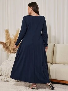 Seusyu Casual Knit Jacquard Colorblock Wooden Button Decor Round Neck Long Sleeve Loose Regular Fit Spring Autumn Plus Size Dress - Multicolor - View 2