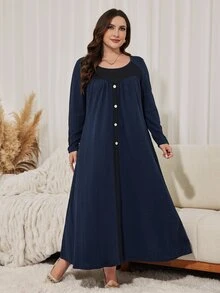 Seusyu Casual Knit Jacquard Colorblock Wooden Button Decor Round Neck Long Sleeve Loose Regular Fit Spring Autumn Plus Size Dress - Multicolor - View 7