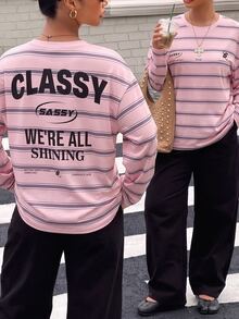 Muchica Plus Size Women's Letter Stripe Print Crew Neck Drop Shoulder Long Sleeve Casual T-Shirt Fall - Pink - View 5